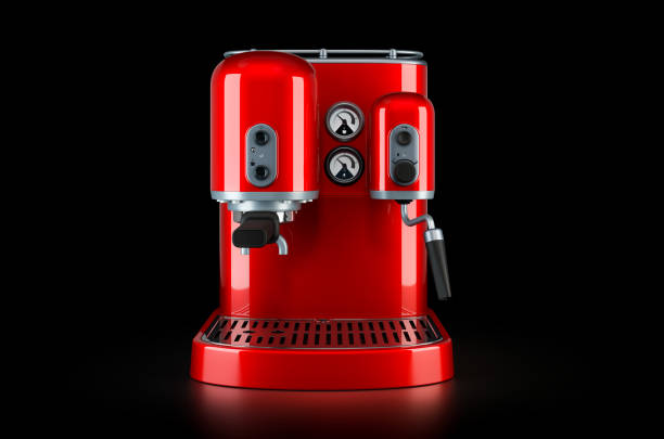 istock Red coffeemaker or coffee machine retro design on black background, 3D rendering 1250108810