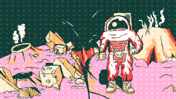 istock Hand-drawn futuristic alien illustration - Astronaut on an alien planet. 1250108857