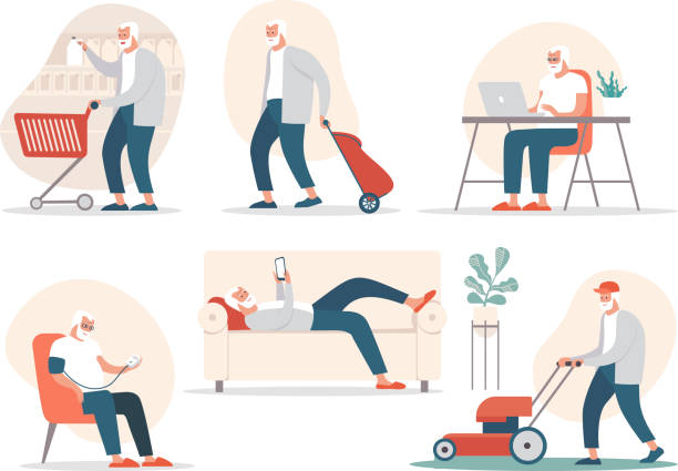 bildbanksillustrationer, clip art samt tecknat material och ikoner med senior man i olika poser och situationer. vektor platt seriefigur illustration. - senior walking