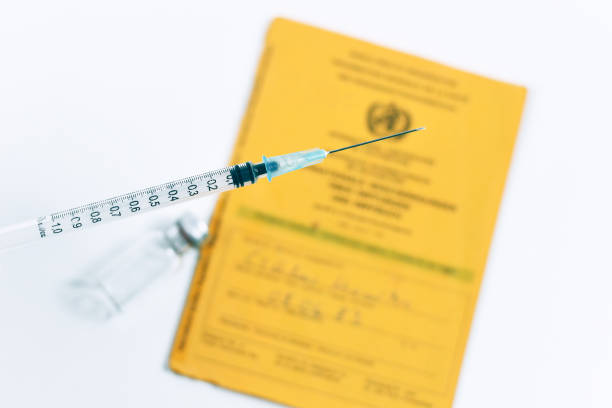 Vaccine concept with syringe in front of blurry vial and yellow international certificate of vaccination in background Vaccine concept with cclose up of empty syringe in front of blurry vial and yellow international certificate of vaccination in white background immunization certificate photos stock pictures, royalty-free photos & images