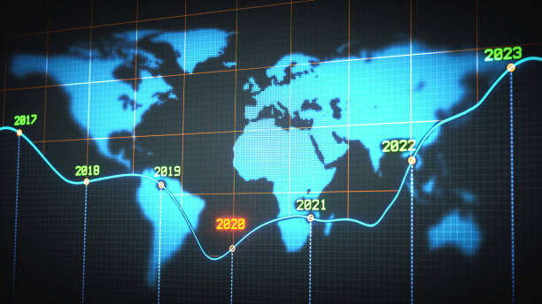 istock Yearly blue timeline graph report design for several years with glowing dotted line on a world map dark pixelated background 1250114615