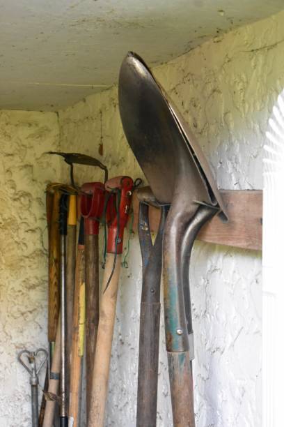 istock Garden tools stored neatly hanging outside working garden shed 1250114670