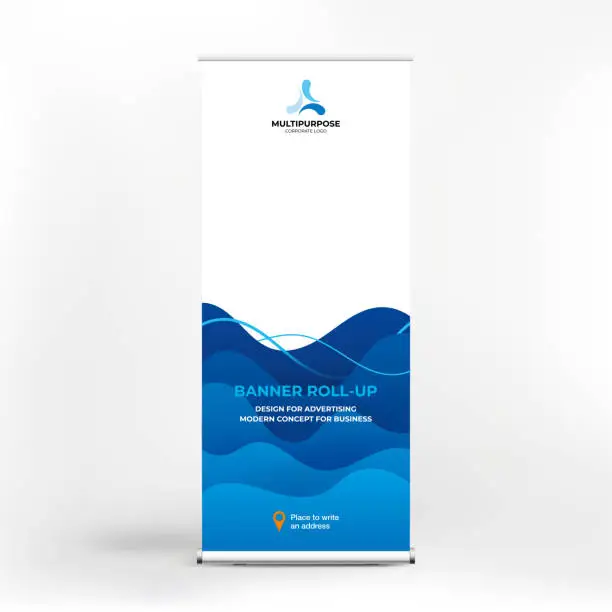 Vector illustration of Banner roll-up for water Park, creative concept for presentations and advertising, template for posting photos and text. Modern blue background with sea waves