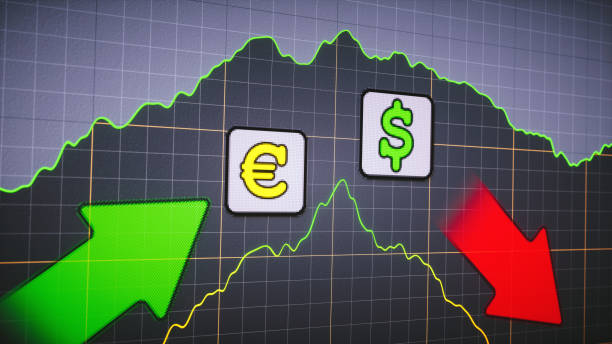 ドルとユーロのシンプルな折れ線グラフデザインは、赤と緑の矢印でパフォーマンスの結果を表現 - performance improvement graph growth ストックフォトと画像