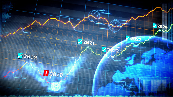 Multi-colored line graph design for several future years analyzing performance results with blue abstract HUD infographics overlay and world map