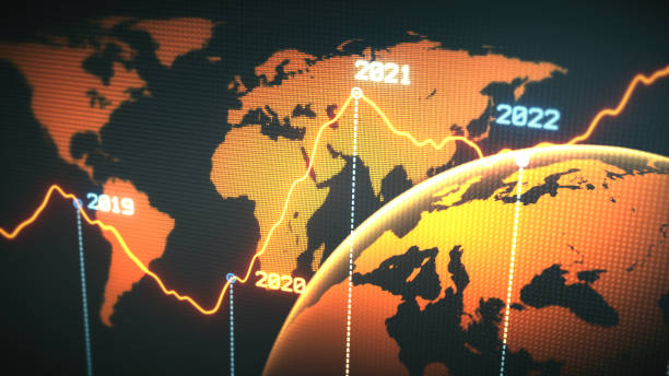 istock Yearly timeline graph report design with a glowing curve on a patterned dark grid with pixelated pattern world map silhouette 1250115736