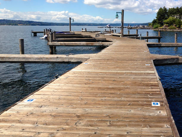 Perspective receeding wooden dock with dock lights