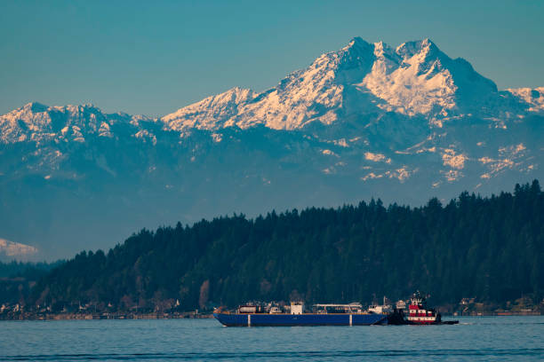 istock Snow capped Olympic Mountains with foreground barge and tugboat 1250116500