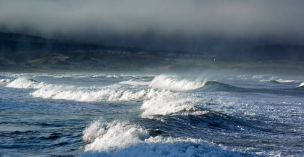 Storm waves splashing at coastal beach, sunlight and wind. Kunashir island, Kuril islands, Russia.