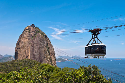 Rio de Janeiro, Brazil - December 28, 2014: Cable car full of visitors is going up to the Sugarloaf Mountain.