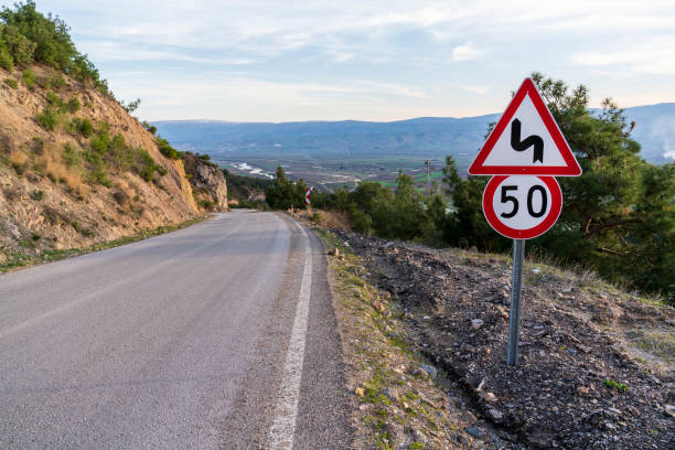 istock Sign winding road on a mountain road 1250121431