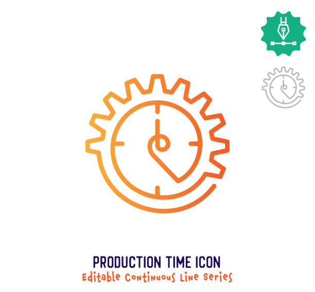 Production Time Continuous Line Editable Icon Production time vector icon illustration for logo, emblem or symbol use. Part of continuous one line minimalistic drawing series. Design elements with editable gradient stroke. automation logo stock illustrations