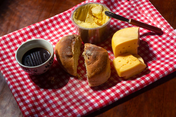 Table with bread, cheese, butter and coffee