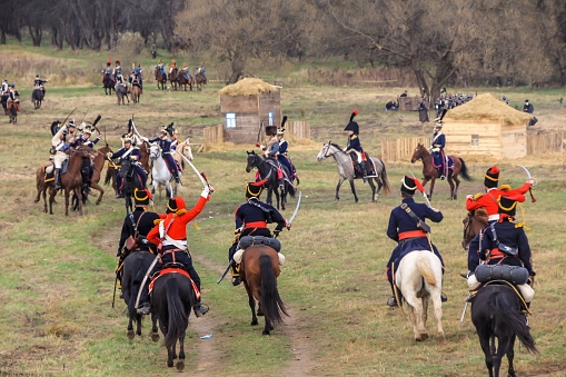 21.10.2012, Maloyaroslavets, Russia. production reconstruction of the battle of 1812 between the French and Russian armies by enthusiast forces.