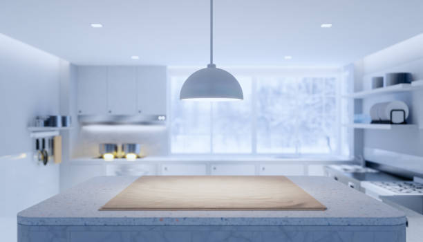 3d rendering of wood countertop product display and blurred kitchen background.