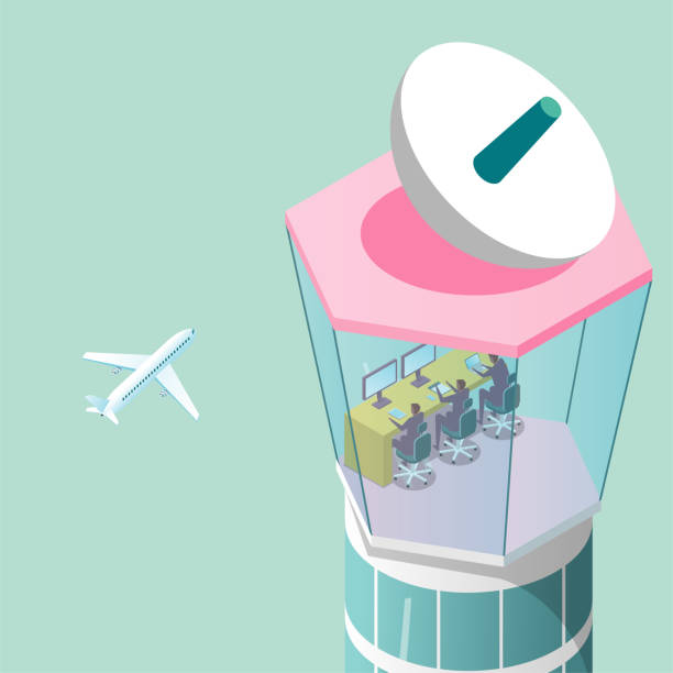 ilustraciones, imágenes clip art, dibujos animados e iconos de stock de la torre de control de tráfico aéreo.está dirigiendo el avión al dibujo isométrico. - air traffic control tower