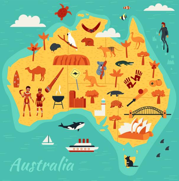 Map of Australia main tourist attractions, vector illustration Map of Australia with main tourist attractions, vector illustration. Symbols and landmarks of country in flat cartoon style. Australian sightseeing travel tour, national monuments and wildlife animals australia stock illustrations