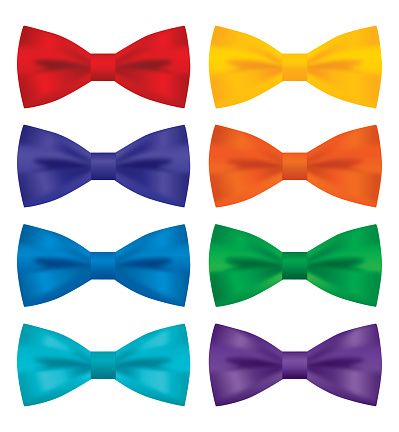 Vector illustration of eight silk bowties in different colors.