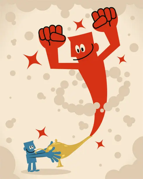 Vector illustration of Smiling businessman is rubbing his magic lamp and this giant genie is coming out