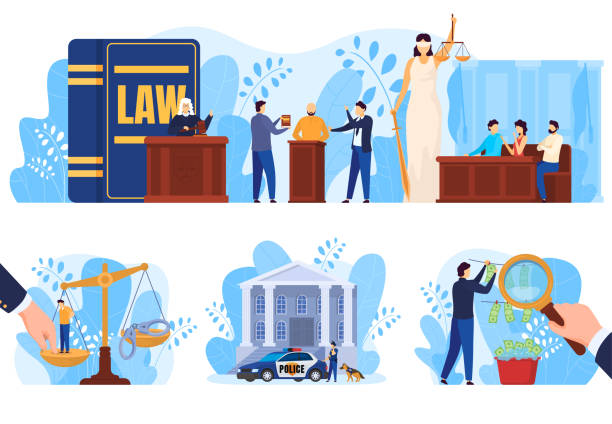 Law and justice concept, people in court, set of vector illustrations Law and justice concept, people in court vector illustration. Judge, attorney and jury in courthouse, money laundering investigation. Crime suspect, police officer cartoon character, scales of justice lawyer cartoon stock illustrations