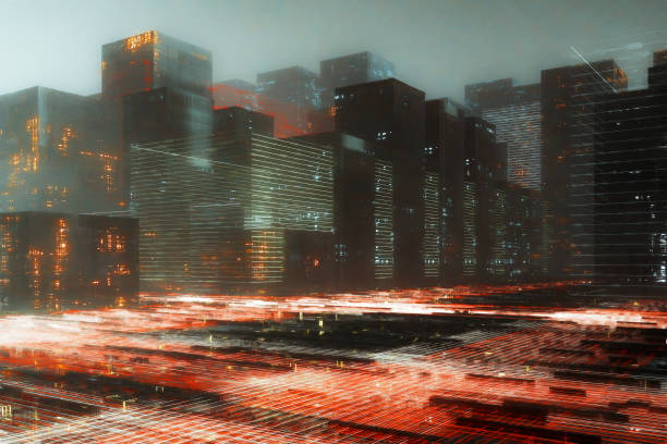 istock Abstract futuristic cityscape with traffic lights 1250146907