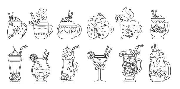 Vector illustration of Christmas hot drink line set flat cartoon vector