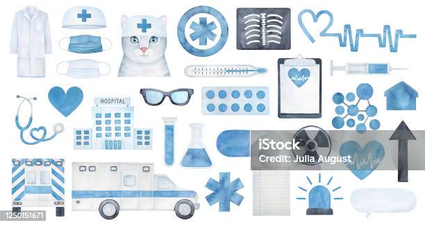 Watercolour Drawing Collection Of Various Medical Objects And Signs Hospital Building Lab Coat Xray Scan Heartbeat Life Star Drugs Cat Ambulance Car Hand Painted Graphic Clipart For Design Stock Illustration - Download Image Now