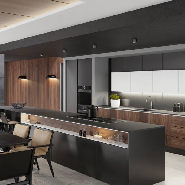 istock Luxurious matte black minimalist kitchen interior with long island table and dining table 1250151687