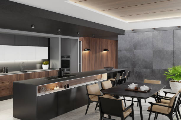 istock Luxurious matte black minimalist kitchen interior with long island table and dining table 1250151694
