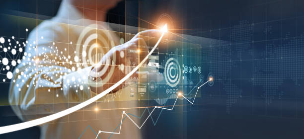商人指向全球網路、銀行、股票市場和貨幣交易所的現代虛擬介面上的箭頭和業務增長圖。 - strategy 個照片及圖片檔