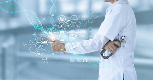 Medicine doctor holding electronic medical and record on tablet. DNA. Digital healthcare and network connection on hologram modern virtual screen interface, medical technology and futuristic concept. Medicine doctor holding electronic medical and record on tablet. DNA. Digital healthcare and network connection on hologram modern virtual screen interface, medical technology and futuristic concept. healthcare technology stock pictures, royalty-free photos & images