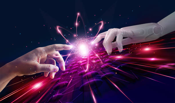istock Robot and human hand connecting technology and new era of innovation on modern virtual interface, Technology and science. 1250153471