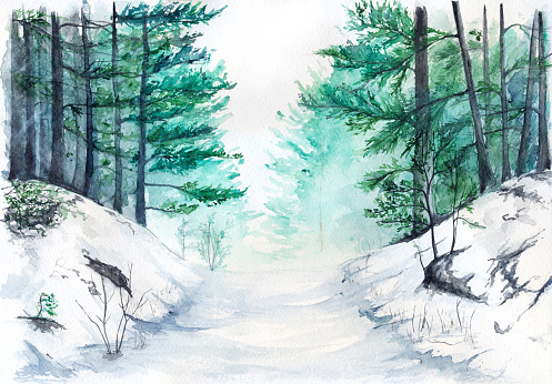 Watercolor turquoise winter wood forest pine landscape.