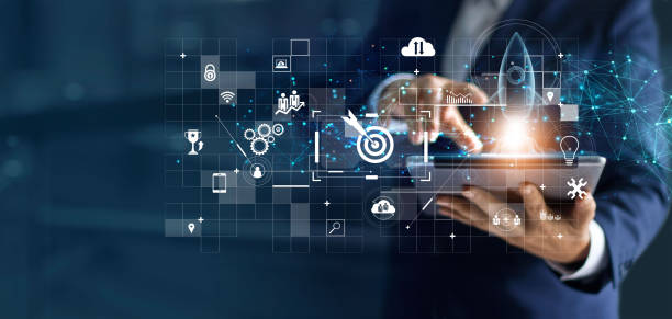 istock Businessman using laptop and touching a transparent rocket is launching and flying out, Business start up, Icon marketing on modern virtual interface. 1250160201