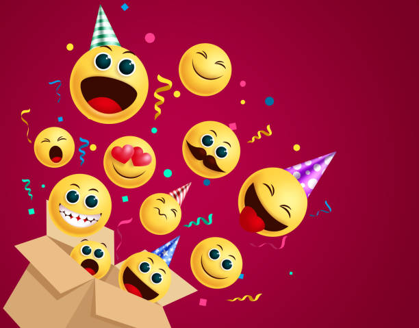 illustrations, cliparts, dessins animés et icônes de smiley emoji anniversaire concept vector surprise. emoji smiley dans la boîte surprise de fête d’anniversaire avec chapeau de partie et élément de confetti pour la conception de carte d’invitation d’enfants. - party hat party birthday confetti