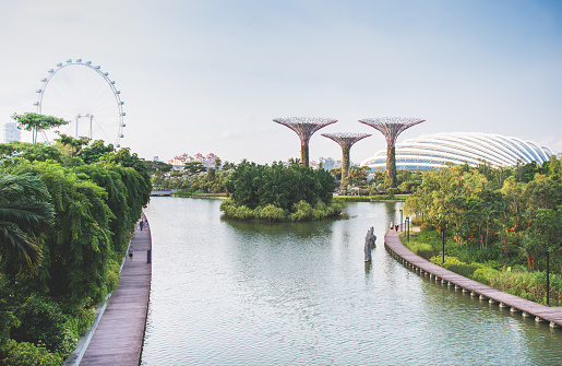 Singapore City, Singapore - June 21 , 2015 :  Singapore's famous view of marina bay district and cityscape is a popular tourist attraction in the Marina District of Singapore.