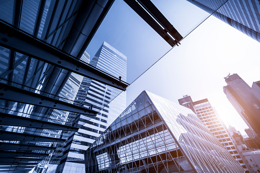 Looking up at modern architectural glass