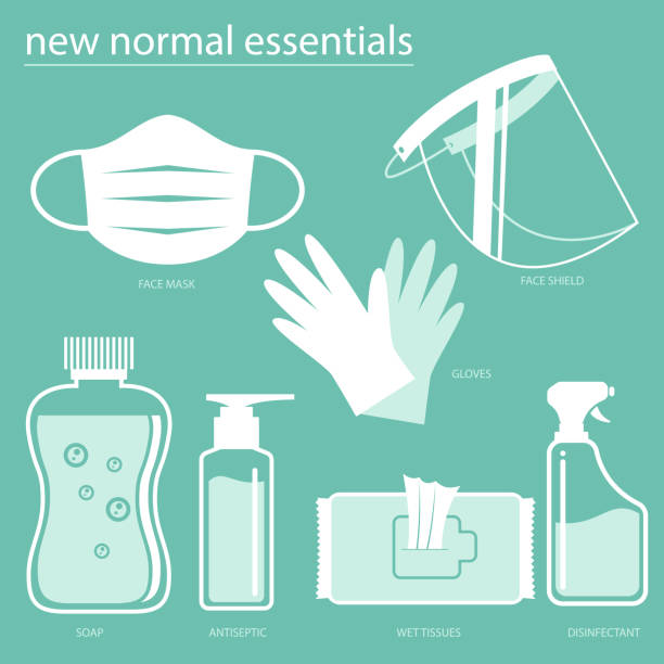 ilustrações de stock, clip art, desenhos animados e ícones de new normal essentials - spray liquid belongings composition