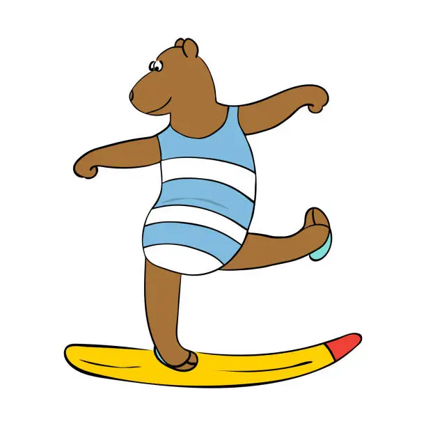 Vector illustration of Cute Cartoon Bear in Swimsuit. Summer Time Theme. Vector Illustration.
