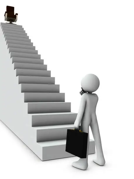 Photo of The stairs to the standing power. It is an abstract that represents his career in the future. White background. 3D illustration.
