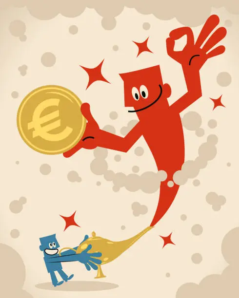 Vector illustration of Smiling businessman is rubbing his magic lamp and then this giant genie that is holding a Euro sign European Union currency and gesturing OK hand sign is coming out