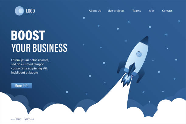 Boost your business landing page template. Spaceship takes off into space. Expansion or optimization Boost your business landing page template. Spaceship takes off into space. Expansion or optimization of business processes. Startup banner concept. Trendy style vector illustration takeoff stock illustrations
