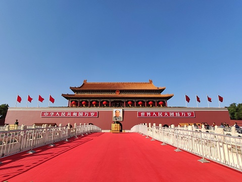 Beijing, China - Mar 16, 2018: Soldier standing in front of Tiananmen in Beijing, also called the Gate of Heavenly Peace. It is a monumental gate and a national symbol of China.
