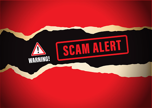 Vector of scam alert red warning sign with Torn paper frame textured background. EPS Ai 10 file format.