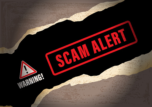 Vector of scam alert red warning sign with Torn paper frame grunge textured background. EPS Ai 10 file format.