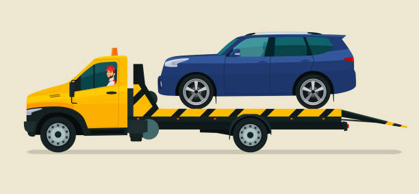 Tow truck with a driver carries a SUV car. Vector flat style illustration. Tow truck with a driver carries a SUV car. Vector flat style illustration. winch cable stock illustrations