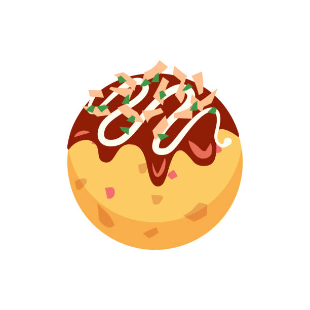 ilustraciones, imágenes clip art, dibujos animados e iconos de stock de un takoyaki redondo con salsa, mayonesa, escamas de bonito y algas azules. - japanese cuisine soy sauce food bonito