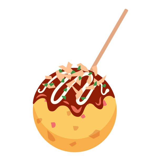 ilustraciones, imágenes clip art, dibujos animados e iconos de stock de un takoyaki redondo con salsa, mayonesa, escamas de bonito y algas azules. con palillo de dientes. - japanese cuisine soy sauce food bonito