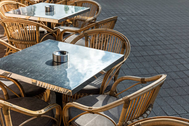 istock empty coffee terrace with tables and chairs in street cafe 1250181986