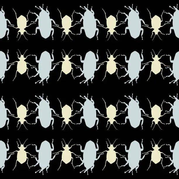 Vector illustration of Seamless pattern with bugs. Endless background with beetles. Vector silhouette illustration.